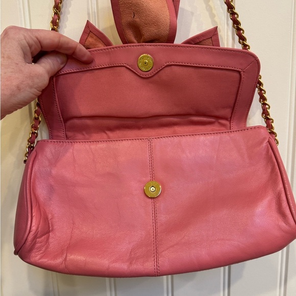 Paradox Pink Leather Bow Shoulder Purse. 10” by 6” by 0.5” with strap drop 13” - Picture 4 of 7